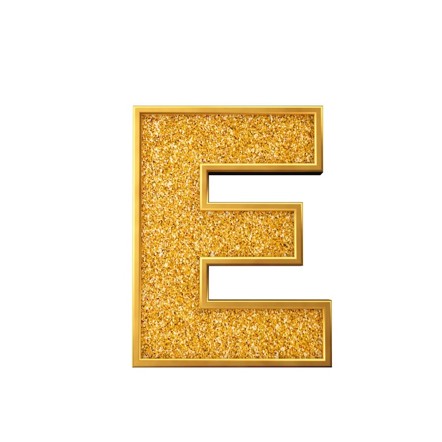 Lettera E con glitter dorati. Rendering 3D di lettere maiuscole dorate brillanti