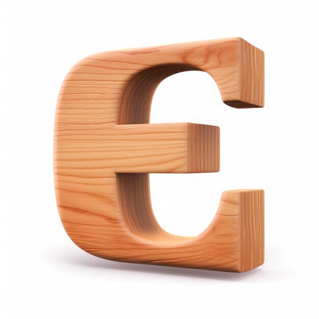 Lettera E in legno 3D su sfondo bianco