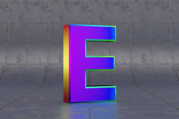 Lettera E maiuscola 3d multicolore. Lettera iridescente lucida sul fondo delle mattonelle. Alfabeto metallico con riflessi di luce da studio. carattere di carattere reso 3D.