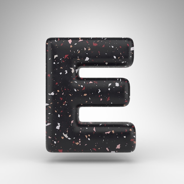 Lettera E maiuscola su sfondo bianco. Carattere 3D renderizzato con texture motivo terrazzo nero.