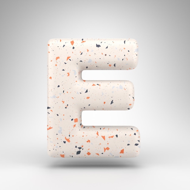 Lettera E maiuscola su sfondo bianco. Carattere 3D reso con trama del motivo a terrazzo.