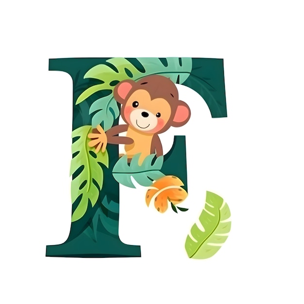 Lettera F dell'alfabeto animale con una scimmia carina e foglie tropicali Illustrazione vettoriale