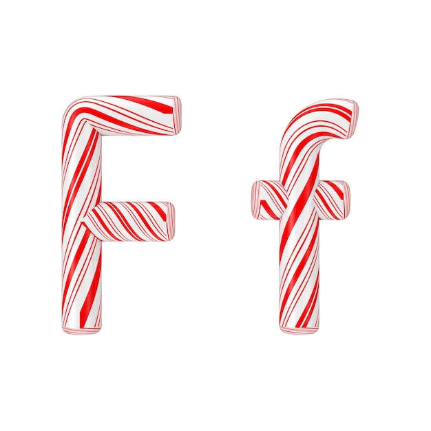 Lettera F Mint Candy Cane Alphabet Collection a righe in colore rosso di Natale su sfondo bianco. Rendering 3D