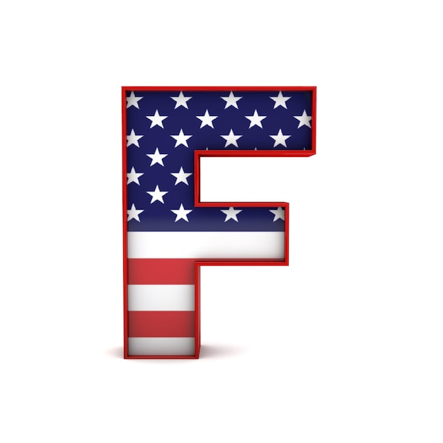 Lettera F stelle e strisce bandiera americana font 3D Rendering