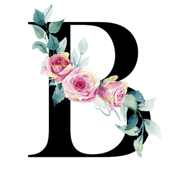Lettera floreale B con rose ad acquerello