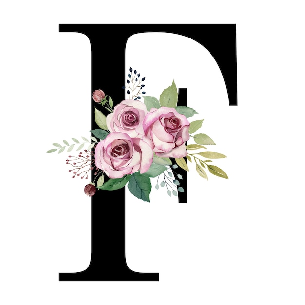 Lettera floreale F con rose ad acquerello