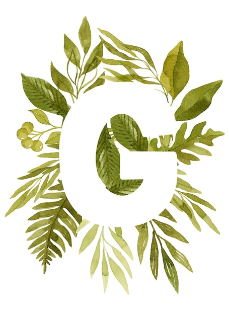 Lettera floreale G monogramma verde acquerello foglie felci eucalipto e bacche scritte floreali