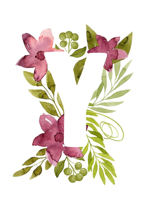 Lettera floreale Y monogramma rosa fiori ad acquerello foglie verdi e bacche scritte floreali