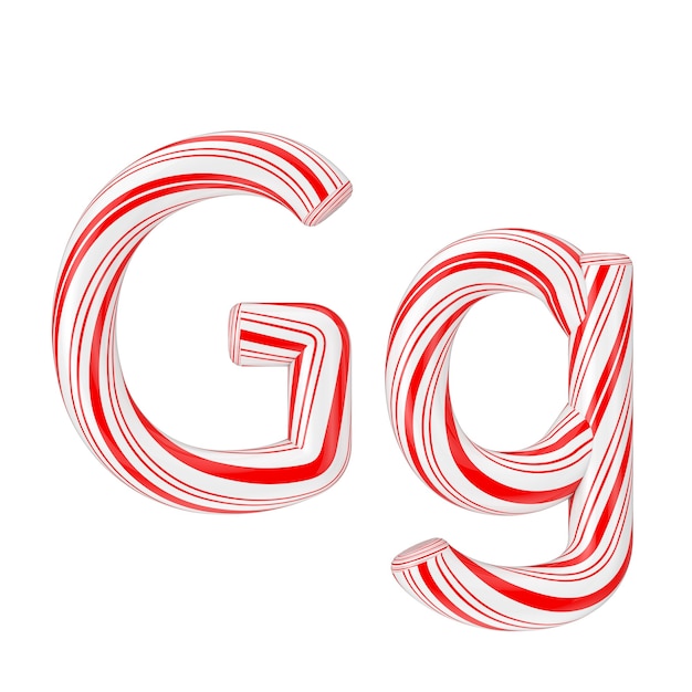 Lettera G Mint Candy Cane Alphabet Collection a righe in colore rosso di Natale su sfondo bianco. Rendering 3D