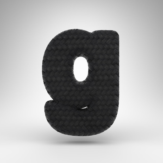 Lettera G minuscola su sfondo bianco. Carattere di rendering 3D in fibra di carbonio nero con trama di filo di carbonio.