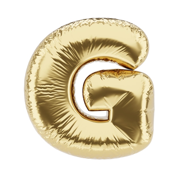 Lettera G realizzata in palloncino gonfiabile in lamina dorata isolato su sfondo bianco illustrazione del rendering 3D