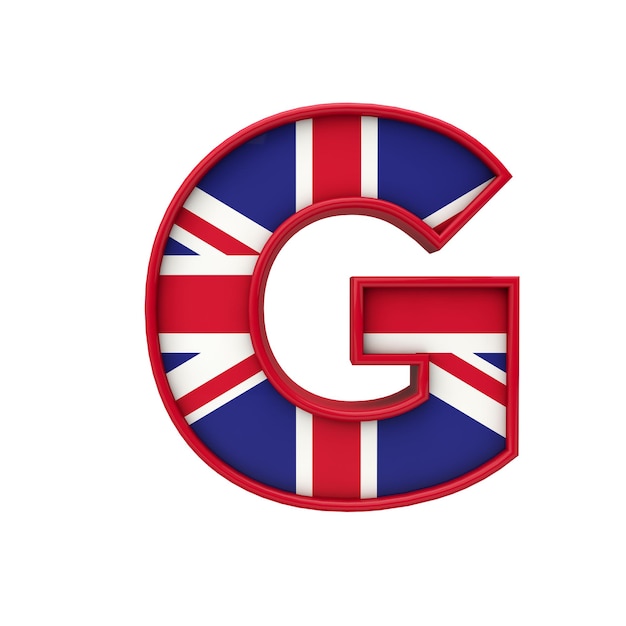 Lettera G Union Jack font Bandiera della Gran Bretagna con scritta 3D Rendering