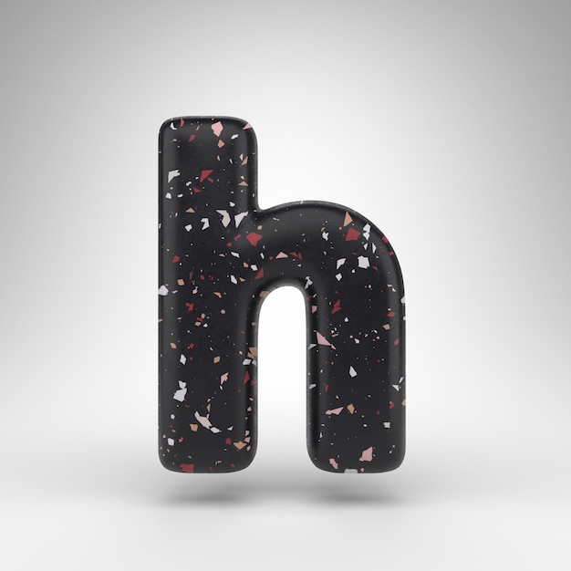 Lettera H minuscola su sfondo bianco. Carattere 3D renderizzato con texture motivo terrazzo nero.