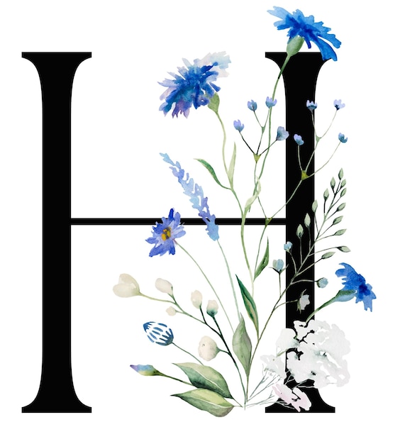 Lettera H nera con fiori di mais blu acquerello e bouquet di fiori di campo Elemento di matrimonio estivo