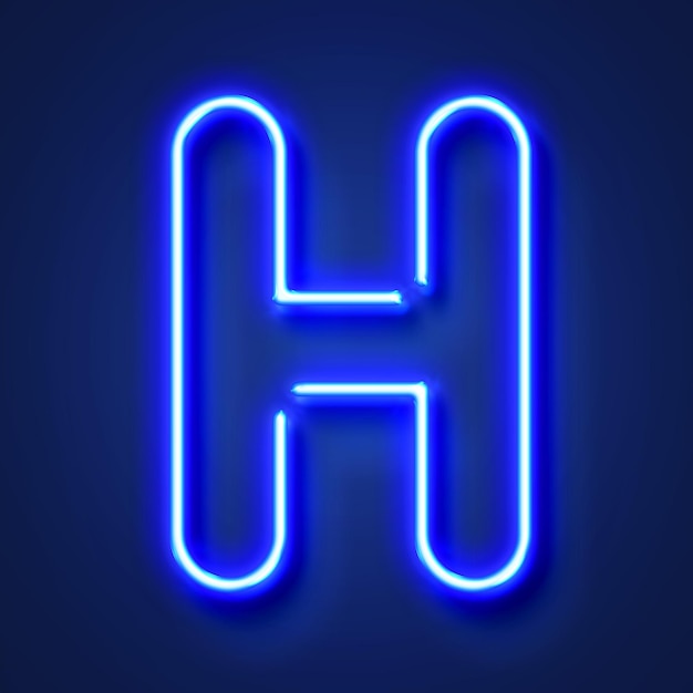Lettera H realistica lettera al neon blu brillante su sfondo blu
