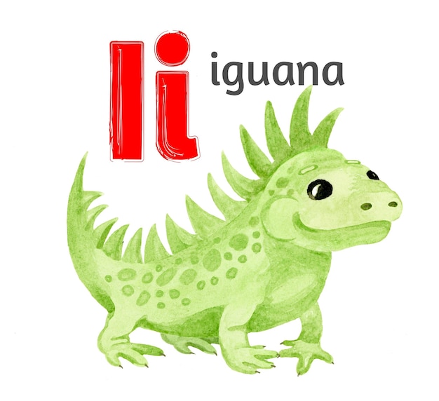 Lettera I dell'alfabeto inglese con l'immagine di un'iguana in acquerello su uno sfondo bianco