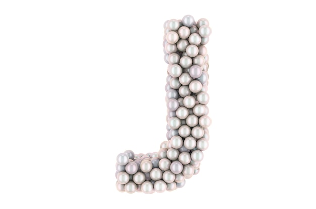 Lettera J dal rendering 3D di perle bianche isolato su sfondo bianco