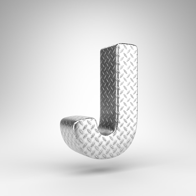 Lettera J maiuscola su sfondo bianco. Carattere 3D in alluminio reso con trama a scacchiera.