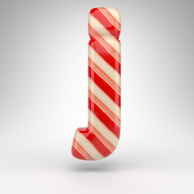 Lettera J minuscola su sfondo bianco. Carattere 3D reso Candy Cane con linee rosse e bianche.