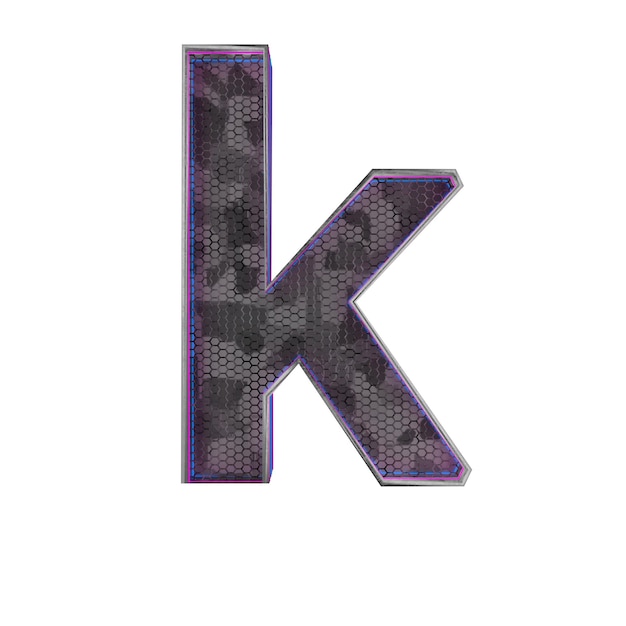 Lettera K Carattere futuristico metallico con rendering 3d di luci al neon blu