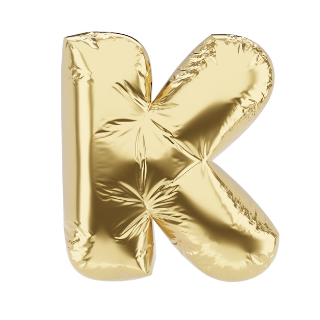 Lettera K realizzata in palloncino gonfiabile in lamina dorata isolato su sfondo bianco illustrazione del rendering 3D