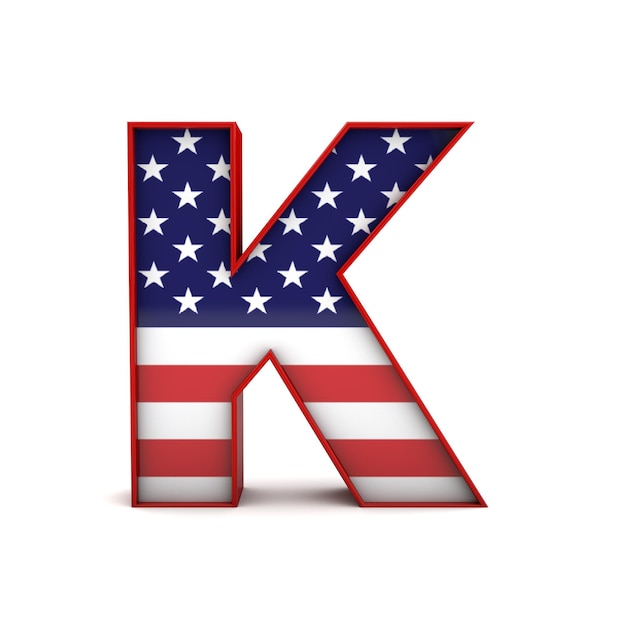 Lettera K stelle e strisce bandiera americana font 3D Rendering