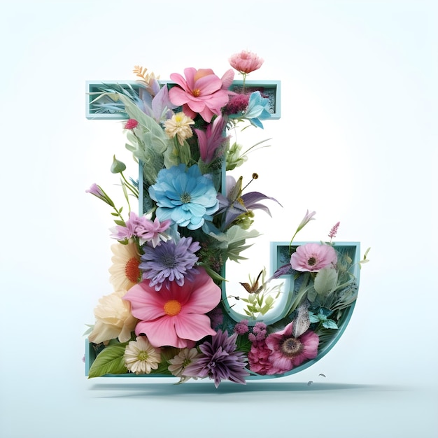 Lettera L dell'alfabeto decorata con fiori su sfondo nero rendering 3D