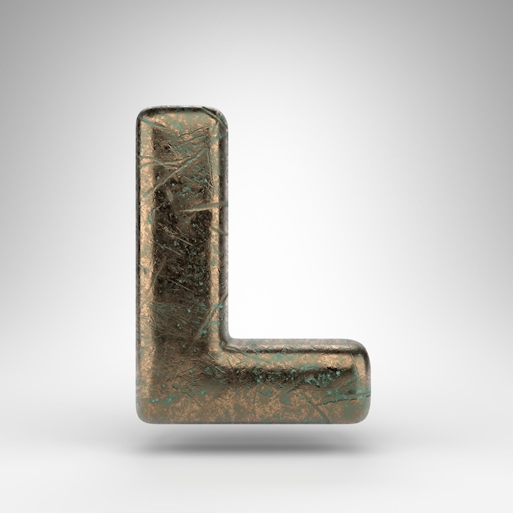 Foto lettera l maiuscola su sfondo bianco. carattere di rendering 3d in bronzo con texture graffiata ossidata.