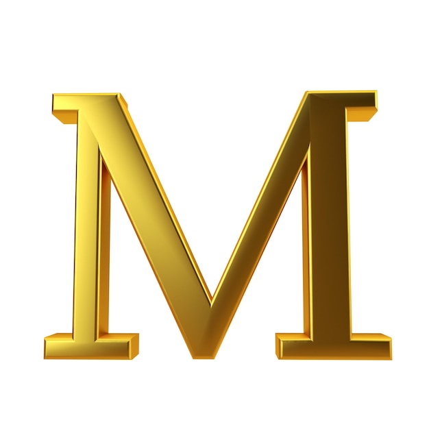 Lettera M in oro lucido su sfondo bianco semplice Rendering 3D