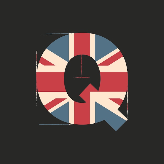 Lettera maiuscola 3d Q con struttura della bandiera del Regno Unito isolata su sfondo nero Illustrazione vettoriale Elemento per il design Alfabeto per bambini Carattere patriottico della Gran Bretagna