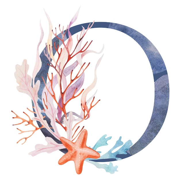 Lettera maiuscola blu O decorata con alghe acquerello, coralli e illustrazione di conchiglie