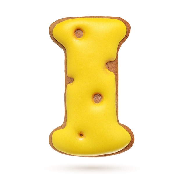 Lettera maiuscola I giallo biscotto di pan di zenzero fatto in casa isolato su sfondo bianco