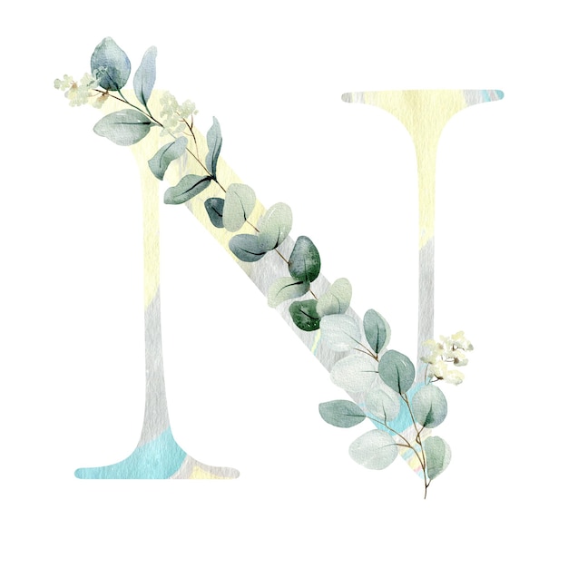 Lettera N floreale con foglie di eucalipto