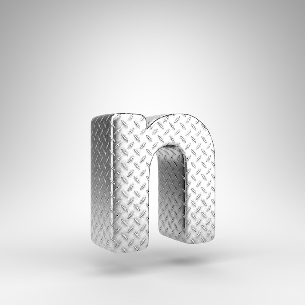 Lettera N minuscola su sfondo bianco. Carattere 3D in alluminio reso con trama a scacchiera.