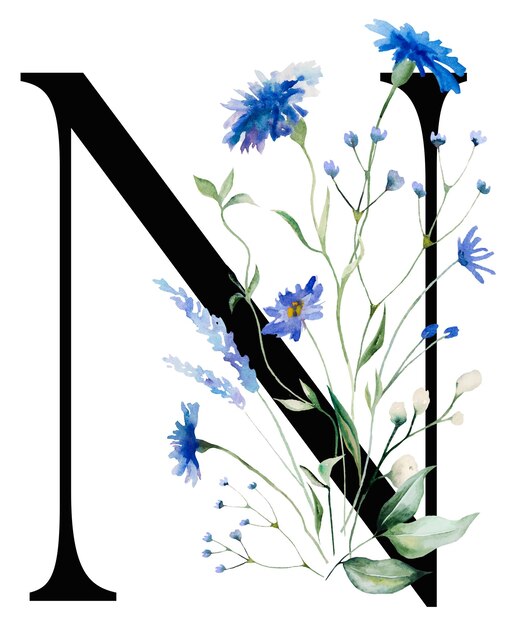 Lettera N nera con fiori di mais blu acquerello e bouquet di fiori di campo Elemento di matrimonio estivo