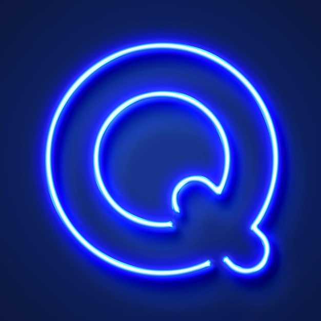 Lettera Q lettera al neon blu incandescente realistica su sfondo blu