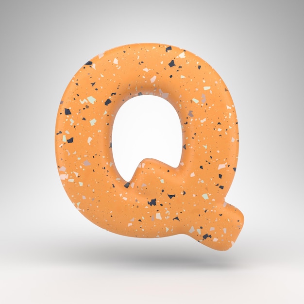 Lettera Q maiuscola su sfondo bianco. Carattere 3D reso con trama del motivo a terrazzo arancione.