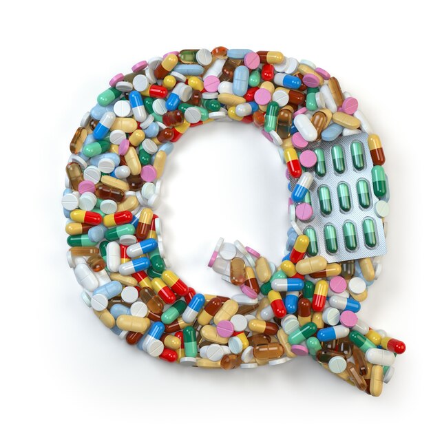 Lettera Q. Set di alfabeto di pillole medicinali, capsule, compresse e blister isolati su bianco. illustrazione 3D