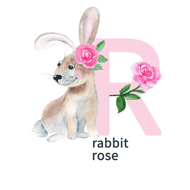 Lettera r coniglio e rosa carino bambini animale e fiore abc alfabeto acquerello illustrazione isolato