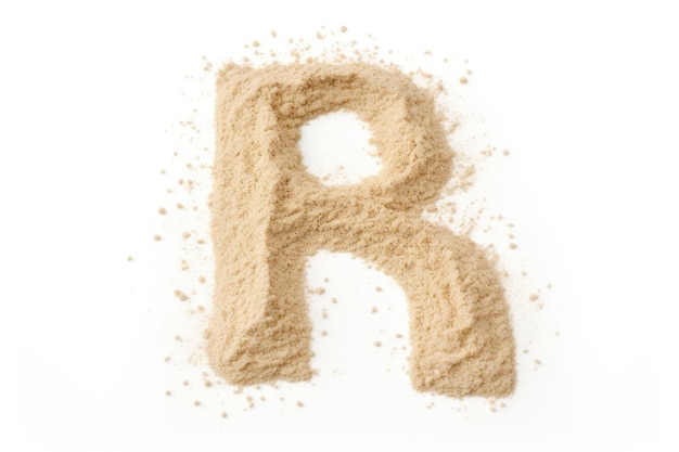 Lettera r di sabbia su sfondo bianco
