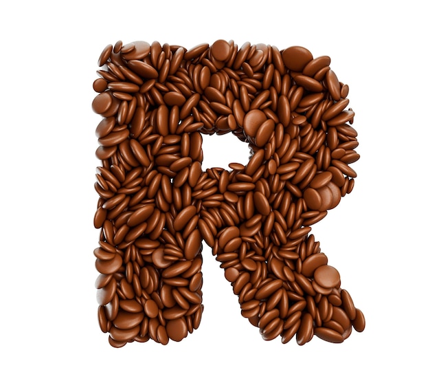 Lettera R fatta di fagioli ricoperti di cioccolato Caramelle al cioccolato Parola alfabeto R 3d illustrazione