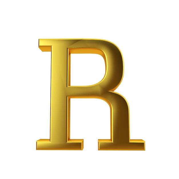 Lettera R in oro lucido su sfondo bianco semplice Rendering 3D