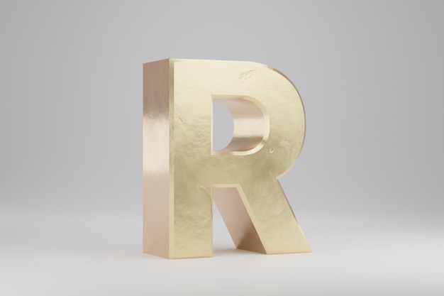 Lettera R maiuscola oro 3d. Lettera d'oro isolata su sfondo bianco. Alfabeto dorato con imperfezioni. carattere di carattere reso 3D.