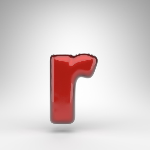 Lettera R minuscola su sfondo bianco. Vernice rossa per auto con rendering 3D di carattere con superficie metallica lucida.
