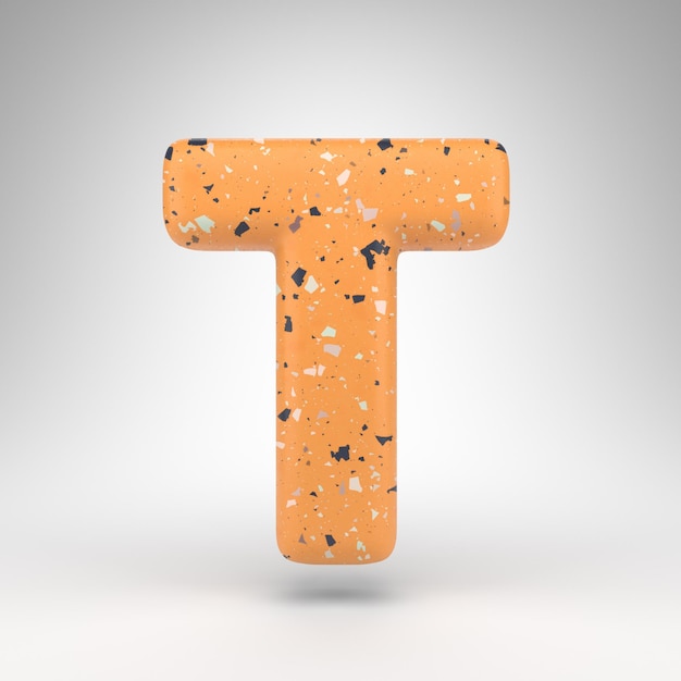 Lettera T maiuscola su sfondo bianco. Carattere 3D reso con trama del motivo a terrazzo arancione.