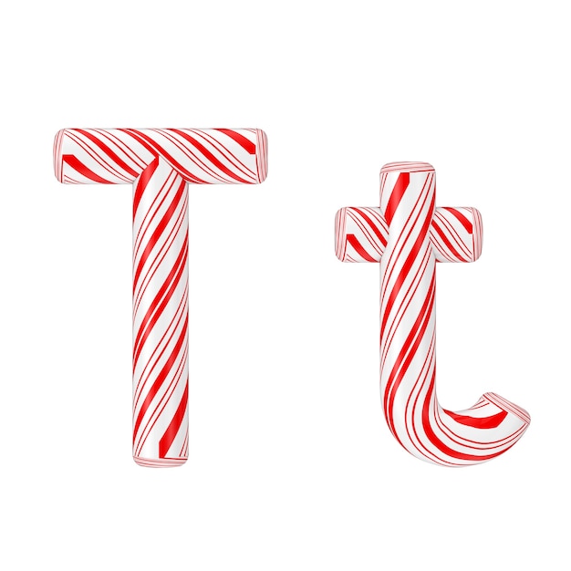 Lettera T Mint Candy Cane Alphabet Collection a righe in colore rosso di Natale su sfondo bianco. Rendering 3D