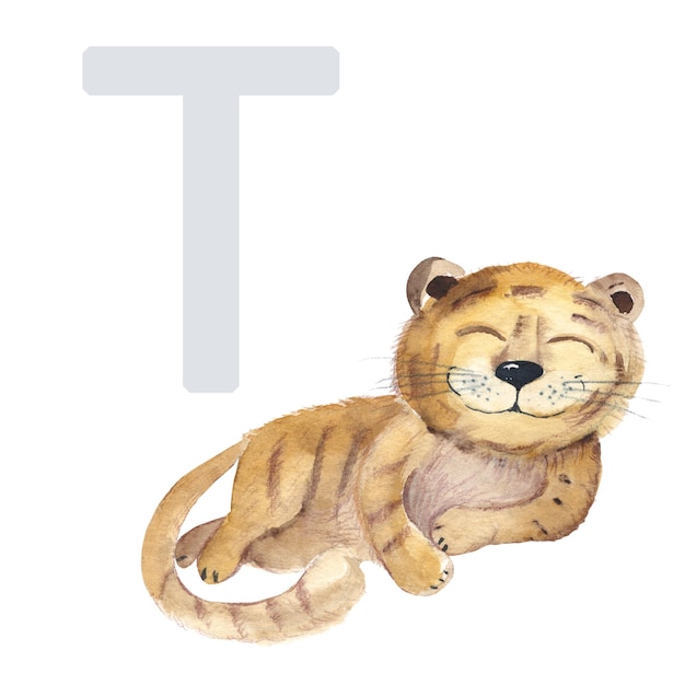 Lettera t tigre carino bambini animale abc alfabeto acquerello illustrazione isolato su sfondo bianco