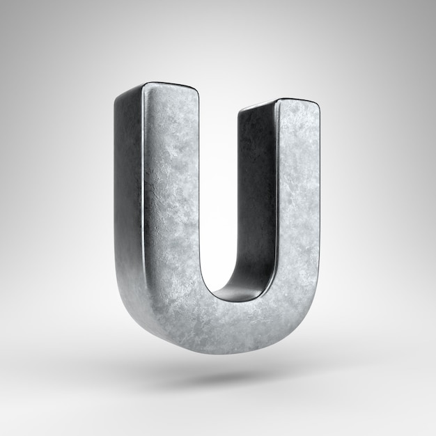 Lettera U maiuscola su sfondo bianco. Gun metal 3D reso font con struttura in metallo ruvido.