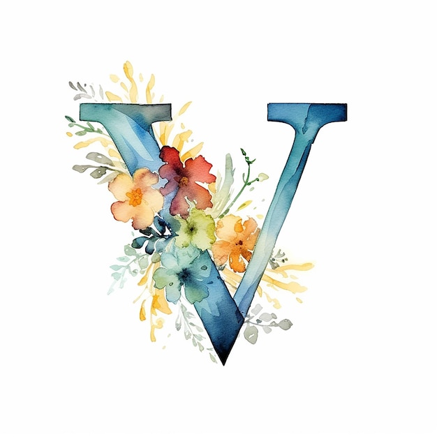 lettera V realistica con logo generico, fiore di lusso, design ad acquerello
