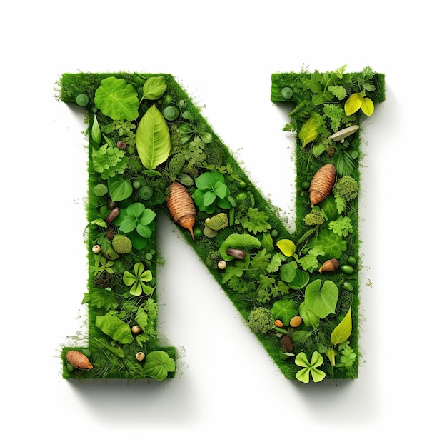 lettera verde n realizzata con foglie di piante sullo sfondo